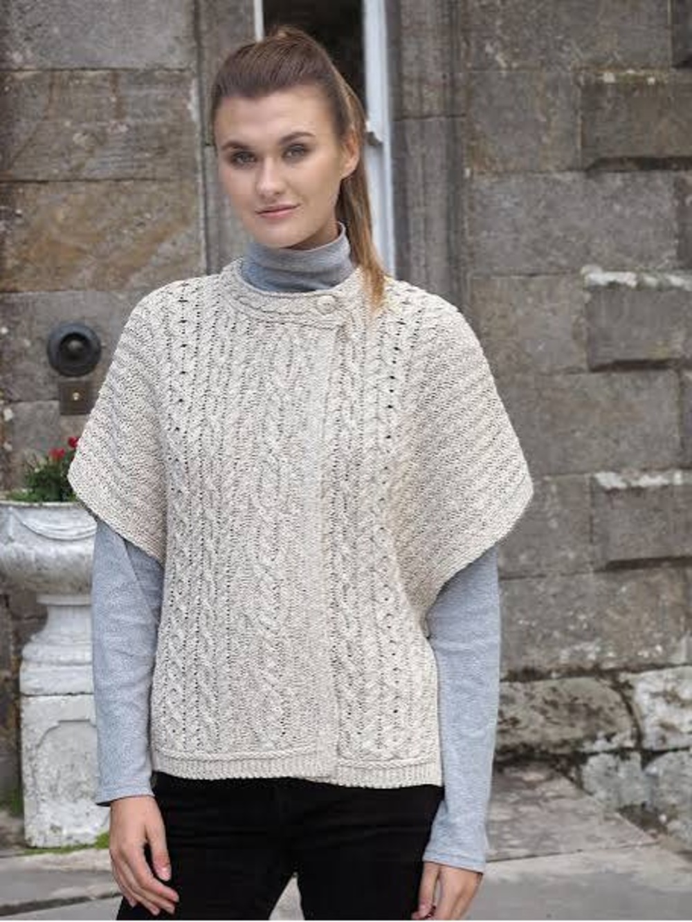 Aran Crafts Made In Ireland Cotton Linen Cape Sweater Size M/L